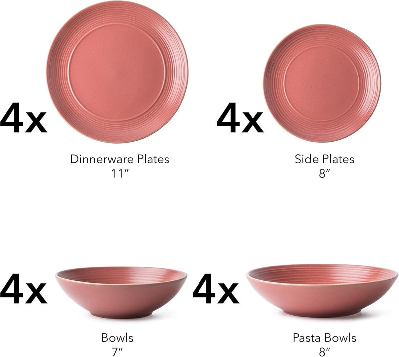 Arora RINGAR Round Stoneware 16pc Double Bowl Dinnerware Set for 4 Dinner Plates Side Plates Cereal Bowls Pasta Bowls  Speckle Matte Red 395438 - Image 2