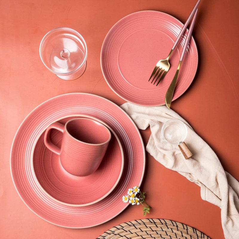 Arora RINGAR Round Stoneware 16pc Double Bowl Dinnerware Set for 4 Dinner Plates Side Plates Cereal Bowls Pasta Bowls  Speckle Matte Red 395438 - Image 3