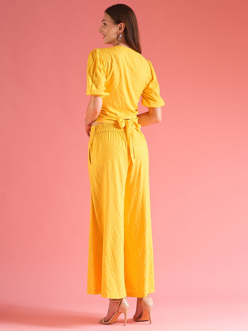 globus Globus Women Yellow Wrap Tie Back Top With Palazzos Co-Ord Set - Image 3