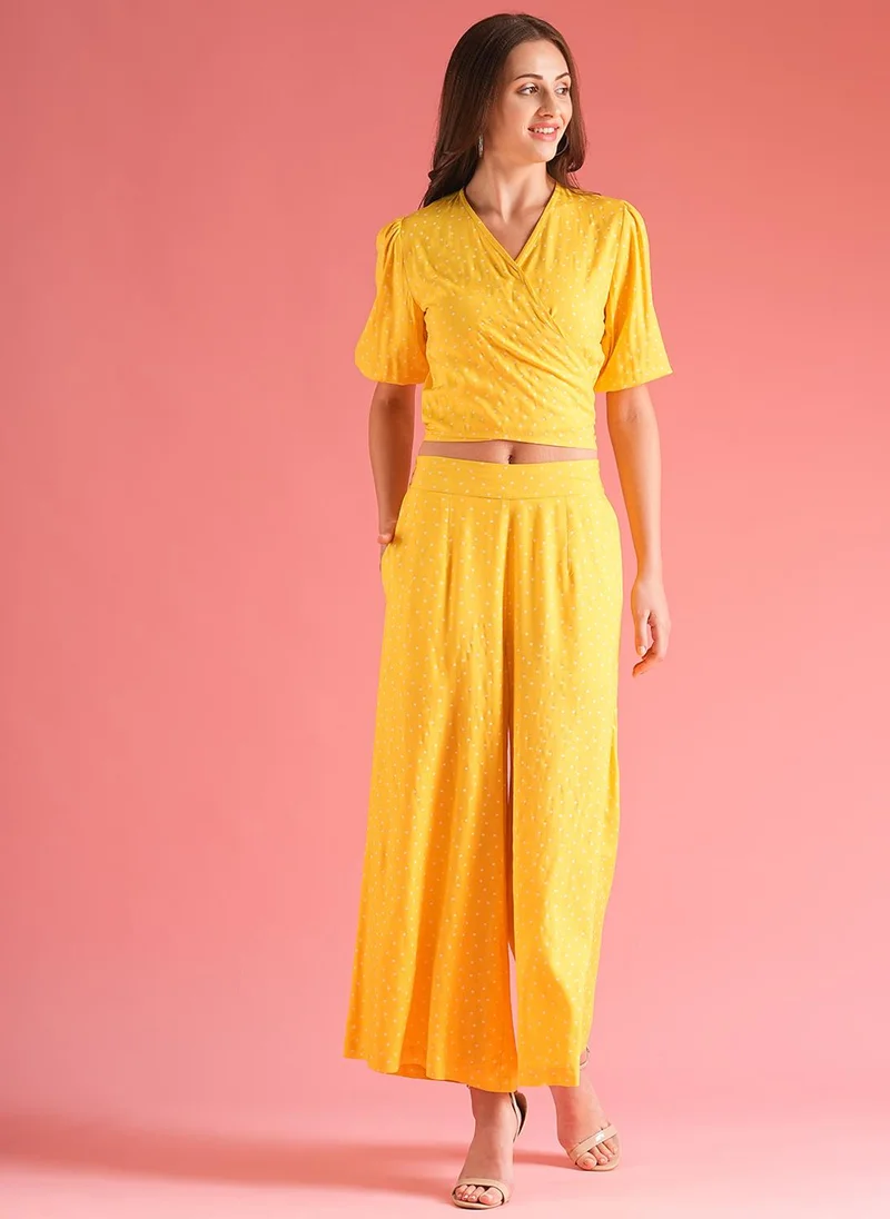 Globus Women Yellow Wrap Tie Back Top With Palazzos Co-Ord Set