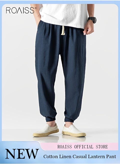 Men's Casual Cotton Linen Lantern Pants Fashion Loose Fitting Breathable Casual Pants Waist Tightening Lace Up Daily Harlan Pants