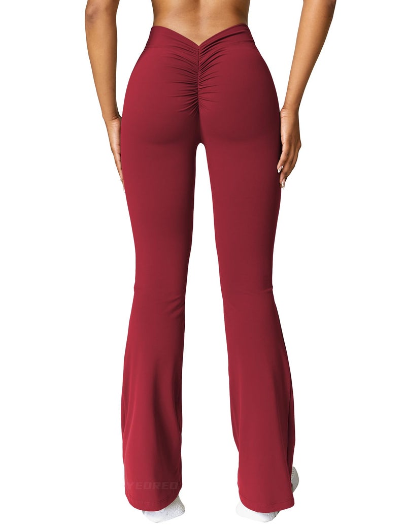 YEOREO Scrunch Flare Leggings Gym Workout V Back Butt Lifting Wide Leg High Waist Yoga Pants Wine M - Image 1