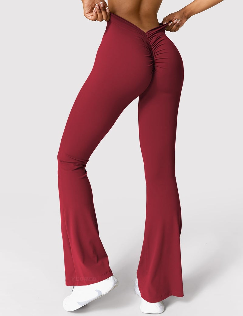 YEOREO Scrunch Flare Leggings Gym Workout V Back Butt Lifting Wide Leg High Waist Yoga Pants Wine M - Image 4