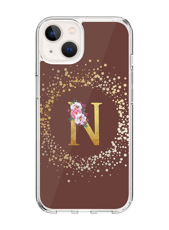 Stylizedd Classic Clear Case For iPhone 14, Hybrid Soft Case Flexible Edges Thin Cover- Custom Monogram Initial Letter Floral Pattern Alphabet - N (Brown) - Image 1