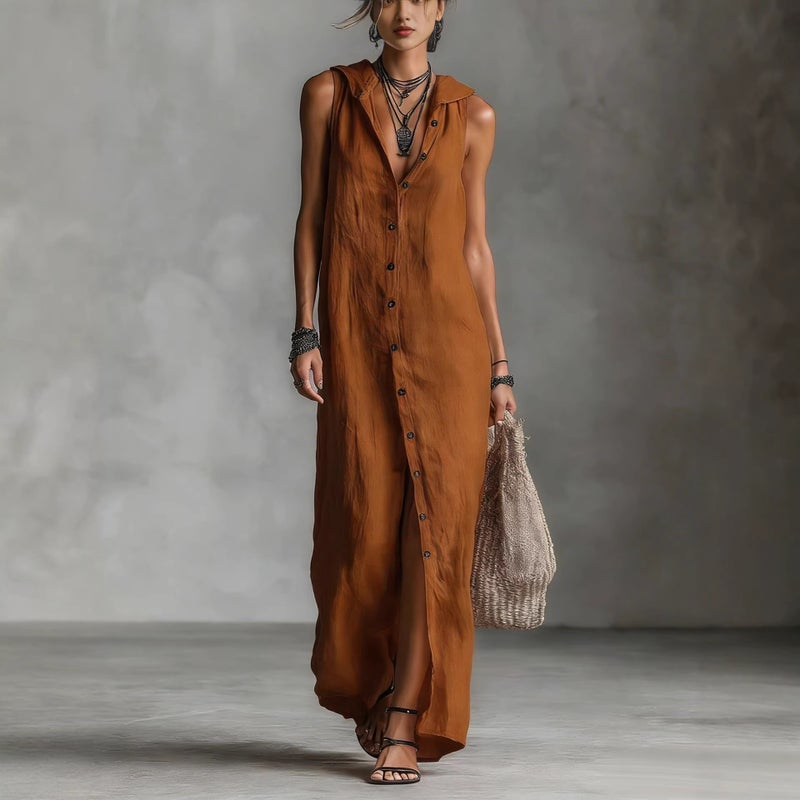 Casual Loose Sleeveless Long Dress with Single Row Buttons and Hooded Design - Image 4