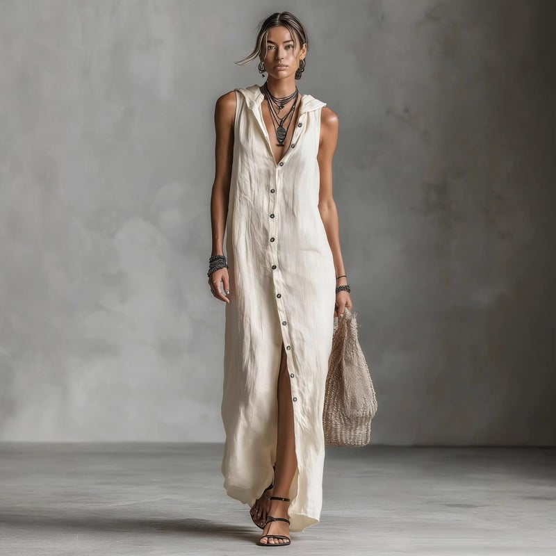 Casual Loose Sleeveless Long Dress with Single Row Buttons and Hooded Design - Image 1