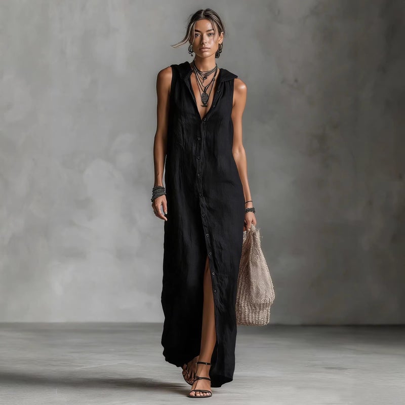Casual Loose Sleeveless Long Dress with Single Row Buttons and Hooded Design - Image 3