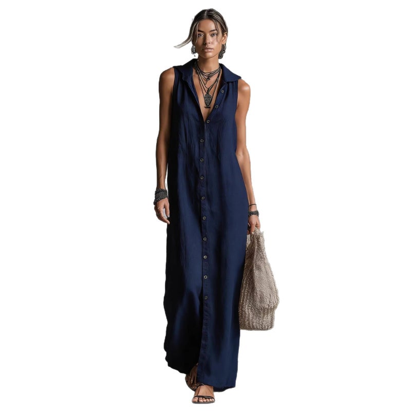 Casual Loose Sleeveless Long Dress with Single Row Buttons and Hooded Design - Image 5