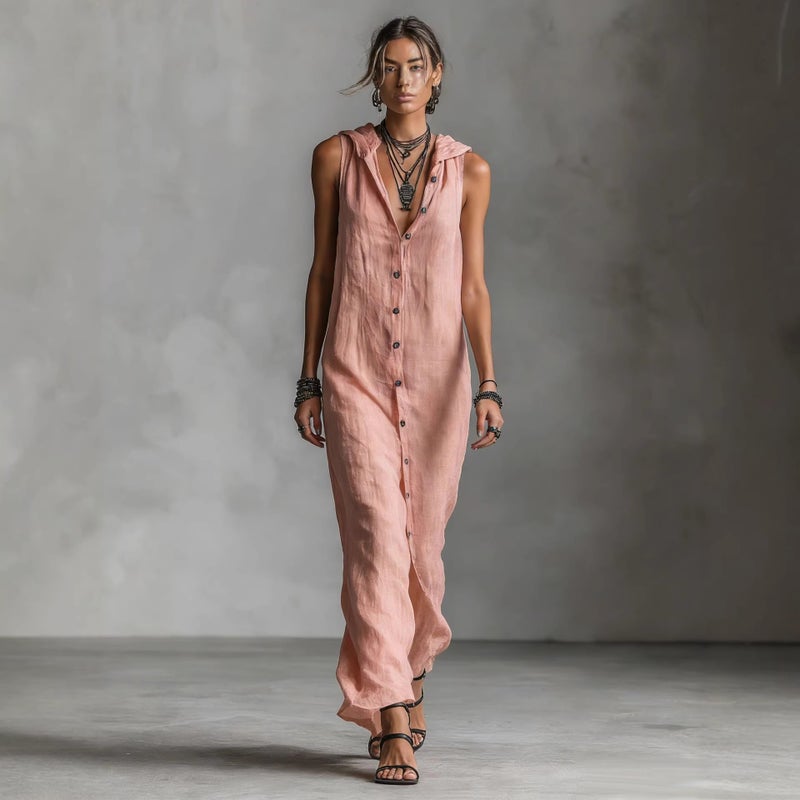 Casual Loose Sleeveless Long Dress with Single Row Buttons and Hooded Design - Image 2