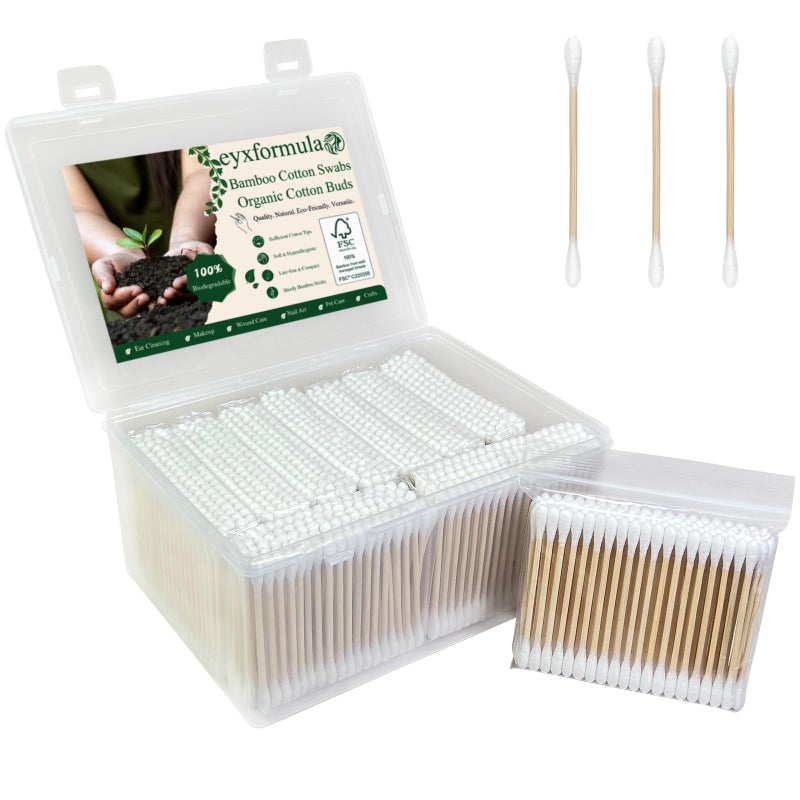 Eyxformula 1000 Count Organic Cotton Swabs, FSC Certified, Biodegradable, Double-Tips - Stronger Bamboo Sticks & Extra Cotton Buds for Ear Cleaning, Makeup, Beauty, Personal Hygiene, First Aid, Crafts - Image 1
