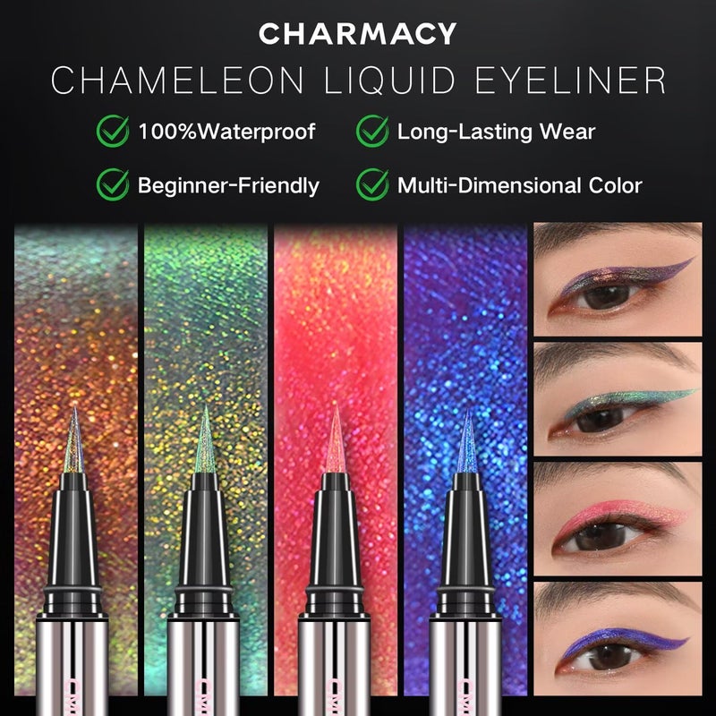 CHARMACY New Chameleon Liquid Eyeliner, Liquid Glitter Eyeliner, Highly Pigmented, Metallic MultiColor Shifting waterproof Eyeliner, Ultra-Fine Tip, Longwearing, Smudge-proof (A03 Twilight Shimmer) - Image 3