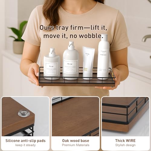 Focusonit Toilet Paper Basket Organizer – Oak Wood Toilet Tank Tray with Metal Frame, Bathroom Counter Top Storage for Toilet Paper, Wipes & Decor, Modern Narrow Back of Tank Shelf Organizer, Black & Brown - Image 5