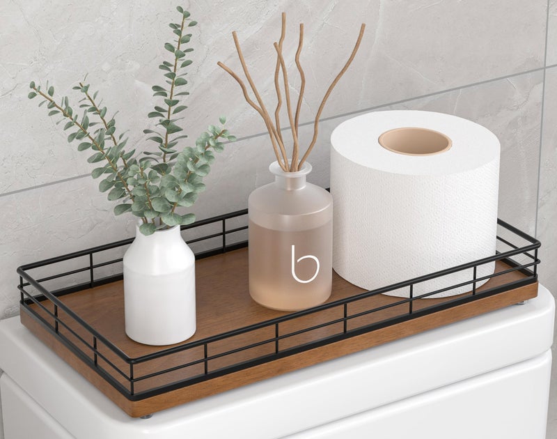 Focusonit Toilet Paper Basket Organizer – Oak Wood Toilet Tank Tray with Metal Frame, Bathroom Counter Top Storage for Toilet Paper, Wipes & Decor, Modern Narrow Back of Tank Shelf Organizer, Black & Brown - Image 1