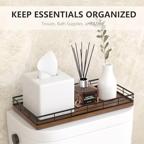 Focusonit Toilet Paper Basket Organizer – Oak Wood Toilet Tank Tray with Metal Frame, Bathroom Counter Top Storage for Toilet Paper, Wipes & Decor, Modern Narrow Back of Tank Shelf Organizer, Black & Brown - Image 3