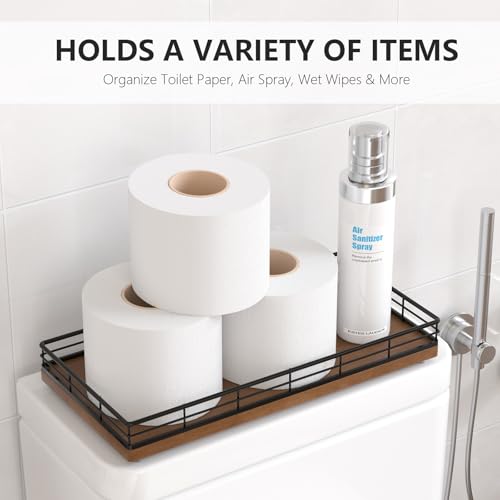 Focusonit Toilet Paper Basket Organizer – Oak Wood Toilet Tank Tray with Metal Frame, Bathroom Counter Top Storage for Toilet Paper, Wipes & Decor, Modern Narrow Back of Tank Shelf Organizer, Black & Brown - Image 2