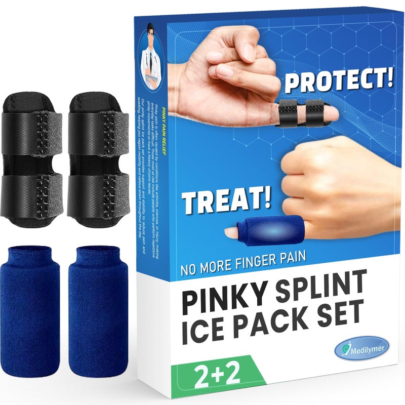 MEDILYMER Pinky Splint and Ice Pack (2+2 Set) Small Finger Pain Relief Set for Kids, Pinky Brace for Knuckle Immobilization, Straightening Arthritis, Mallet Finger, Fits Thumb, Ring, Pinkie, Little Fingers - Image 1