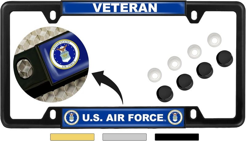 BestLicensePlateFrames U.S. Air Force Veteran Domed Custom-Made Metal License Plate Frame - Black - Image 1