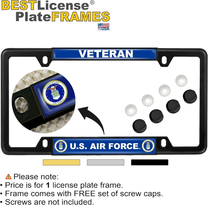 BestLicensePlateFrames U.S. Air Force Veteran Domed Custom-Made Metal License Plate Frame - Black - Image 2