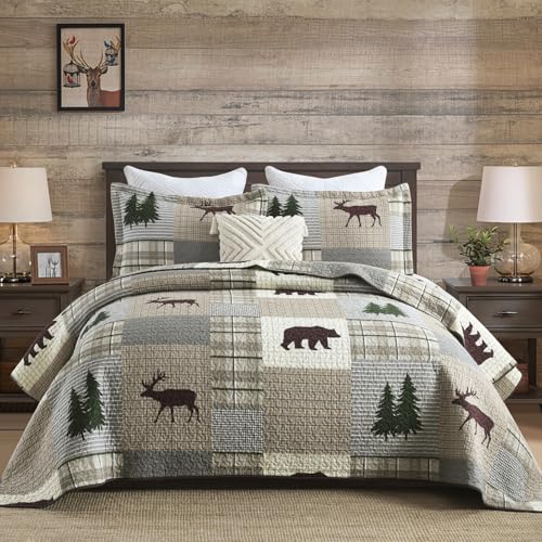 Finlonte Quilts Queen Size, 100% Cotton Queen Size Quilt, Lodge Cabin Farmhouse Queen Quilt, Grayish Brown Green Plaid Lightweight Soft Quilted Bedspread Sets for All Season, 3 Pieces - Image 1