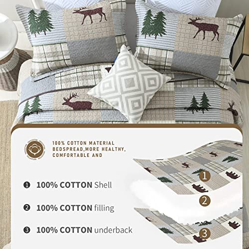Finlonte Quilts Queen Size, 100% Cotton Queen Size Quilt, Lodge Cabin Farmhouse Queen Quilt, Grayish Brown Green Plaid Lightweight Soft Quilted Bedspread Sets for All Season, 3 Pieces - Image 4