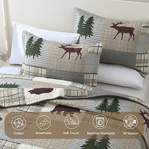 Finlonte Quilts Queen Size, 100% Cotton Queen Size Quilt, Lodge Cabin Farmhouse Queen Quilt, Grayish Brown Green Plaid Lightweight Soft Quilted Bedspread Sets for All Season, 3 Pieces - Image 5