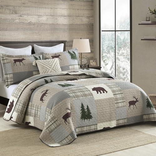 Finlonte Quilts Queen Size, 100% Cotton Queen Size Quilt, Lodge Cabin Farmhouse Queen Quilt, Grayish Brown Green Plaid Lightweight Soft Quilted Bedspread Sets for All Season, 3 Pieces - Image 2