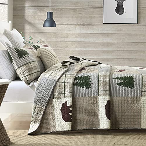 Finlonte Quilts Queen Size, 100% Cotton Queen Size Quilt, Lodge Cabin Farmhouse Queen Quilt, Grayish Brown Green Plaid Lightweight Soft Quilted Bedspread Sets for All Season, 3 Pieces - Image 3