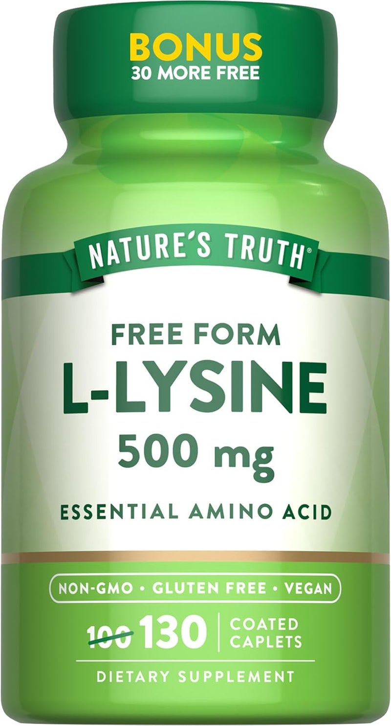 Natures Truth LLysine 500mg  130 Coated Caplets  Free Form  Essential Amino Acid  Vegan NonGMO  Gluten Free Supplement - Image 1