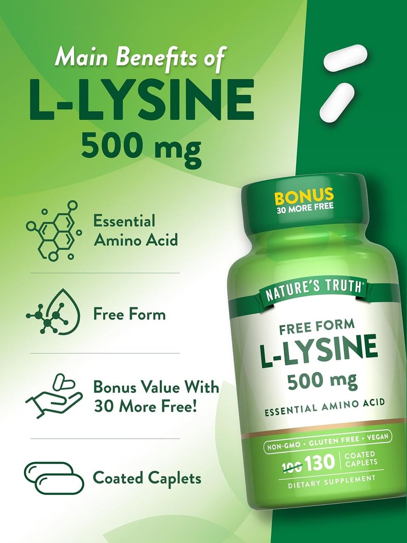 Natures Truth LLysine 500mg  130 Coated Caplets  Free Form  Essential Amino Acid  Vegan NonGMO  Gluten Free Supplement - Image 5