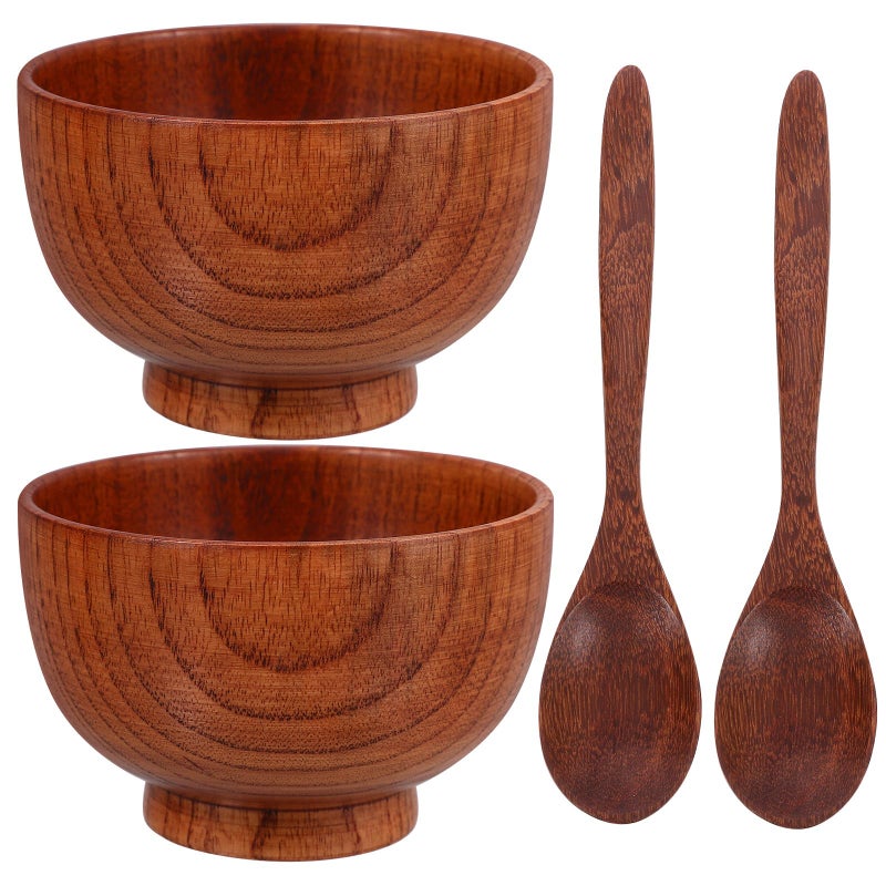 Japanese Style Wooden Bowl Set 4Pcs with Spoon Food Grade Kitchen Serving Bowls - Image 2
