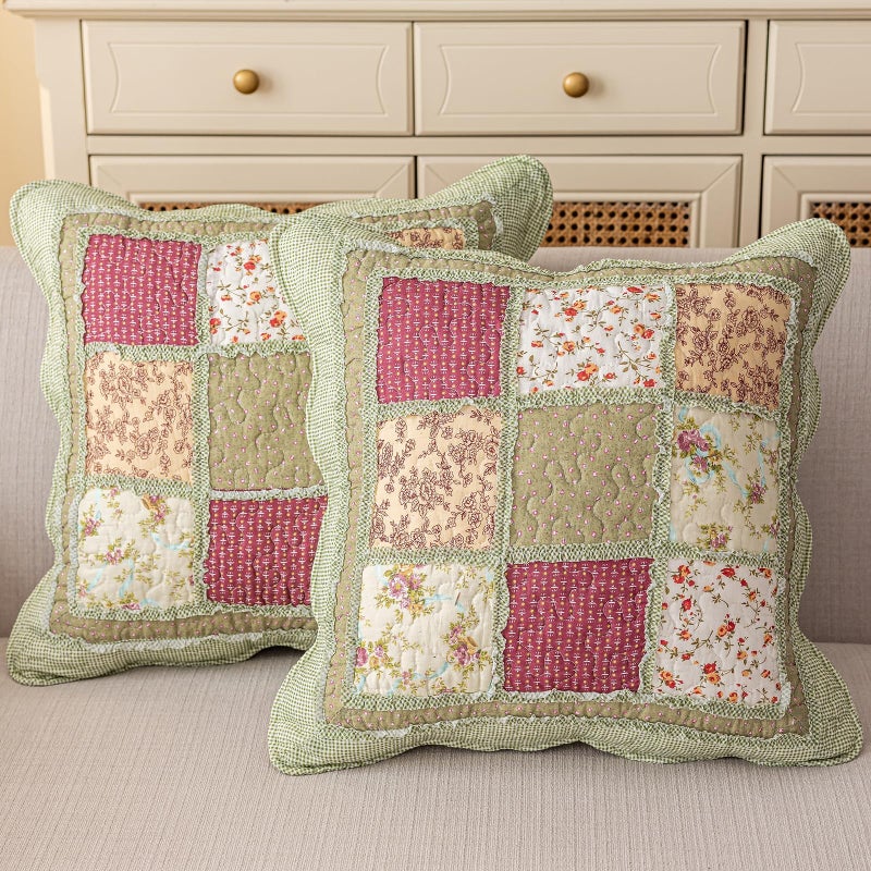 vctops طقم من قطعتين من أغطية الوسائد المبطنة المصنوعة من القطن الخالص بنسبة 100%، بنمط بوهيمي، مقاس 18 بوصة × 18 بوصة، بنمط زهور ريفية مزخرفة. - Image 1