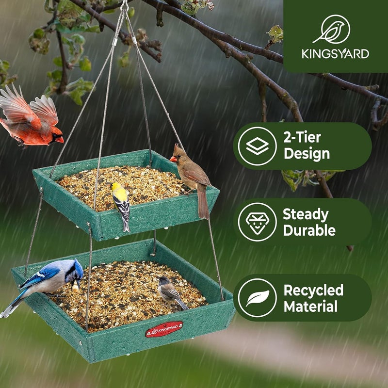 Kingsyard Platform Mealworm Bird Feeder for Outside, 2-Tier Recycled Plastic Hanging Tray Bird Feeders with Large Capacity 5 lbs, Premium Quality & Durable, Great for Attracting Wild Birds, Green - Image 5