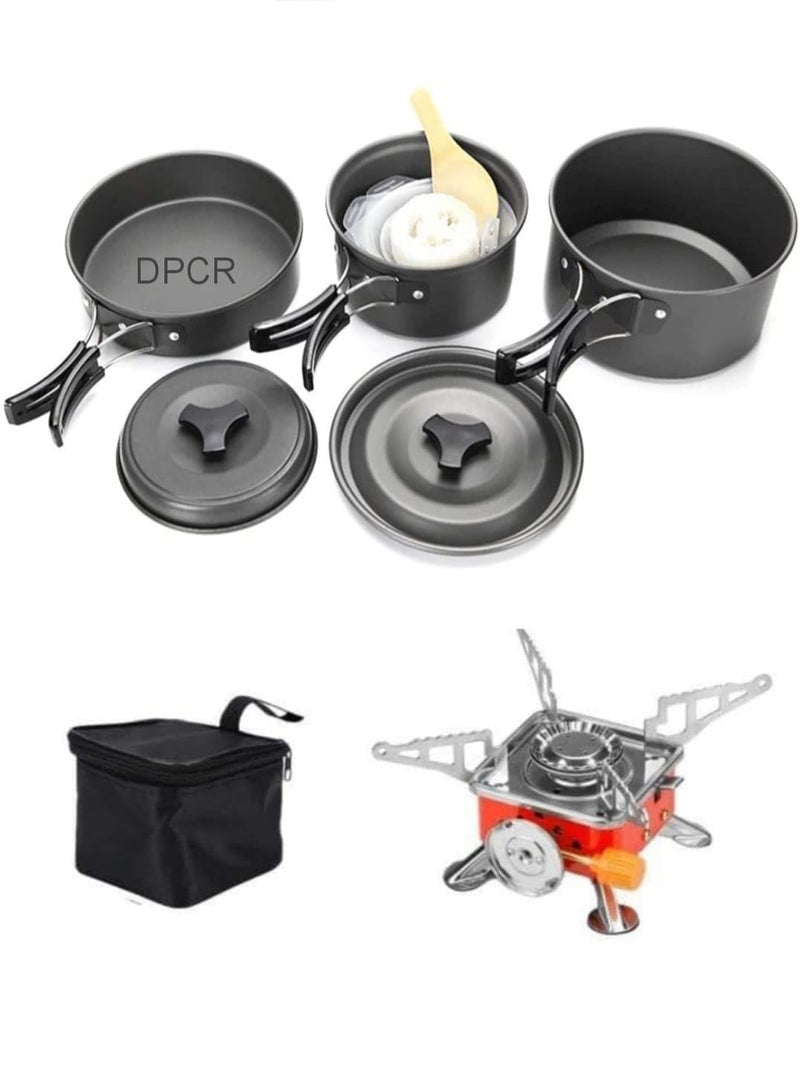 DPCR Camping Cookware Mess Set with mini Gas Stove, Lightweight Hiking Cookware Set with Stove, Nonstick Aluminum Cooking Kit,Outdoor Pot Pan Kettle Mess Kit with Gas Stove (3-4 Person) - Image 1