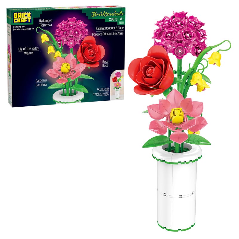 Brickcraft Botanicals Radiant Bouquet & Vase Building Set (280 Pieces) Creative Flower Arrangement Kit with Rose, Gardenia, Lily & Hydrangea â€“ Display for Home or Office, Christmas - Image 1