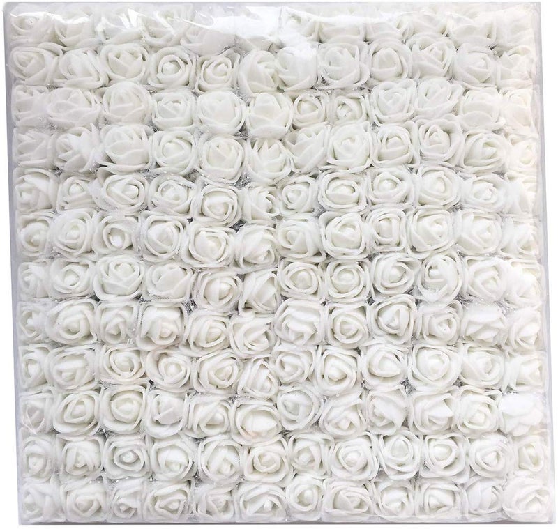 Artfen Mini Fake Rose Flower Heads 144pcs Mini Artificial Foam Roses DIY Wedding Flowers Accessories Make Bridal Hair Clips Headbands Dress (Bottom add Gauze) Snowy White - Image 3
