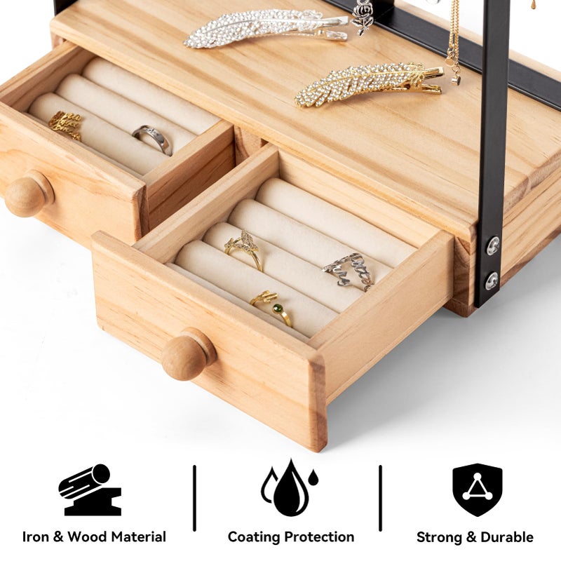 DreamGenius Jewelry Organizer Stand with 2 Velvet Ring Holder Drawers, 5 Tier Jewelry Holder Organizer with 11 Hooks for Necklaces and 145 Holes for Earrings, Black - Image 4