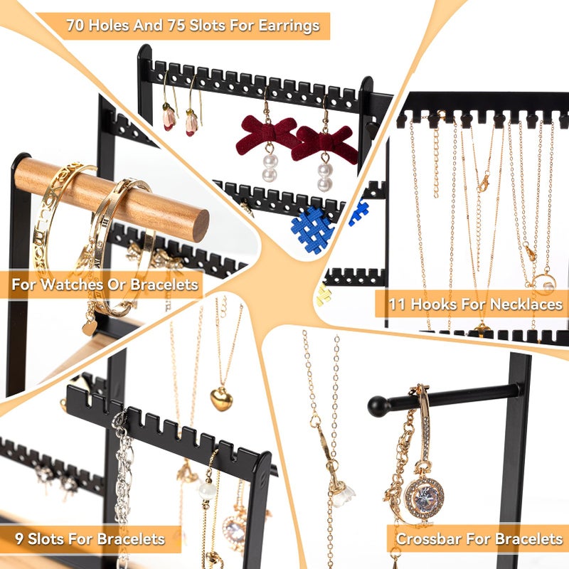 DreamGenius Jewelry Organizer Stand with 2 Velvet Ring Holder Drawers, 5 Tier Jewelry Holder Organizer with 11 Hooks for Necklaces and 145 Holes for Earrings, Black - Image 5
