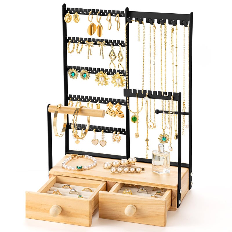 DreamGenius Jewelry Organizer Stand with 2 Velvet Ring Holder Drawers, 5 Tier Jewelry Holder Organizer with 11 Hooks for Necklaces and 145 Holes for Earrings, Black - Image 1