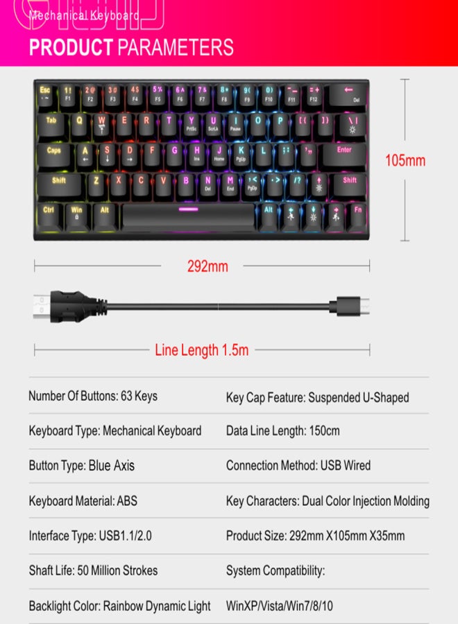 BAJEAL Mechanical Keyboard 63-key Gaming Keyboard High-quality Blue Switches Durable and Compact Design Various RGB Backlit 17 Lighting Modes Ergonomic and User-centered for Windows Mac OS Linux and More - Image 2