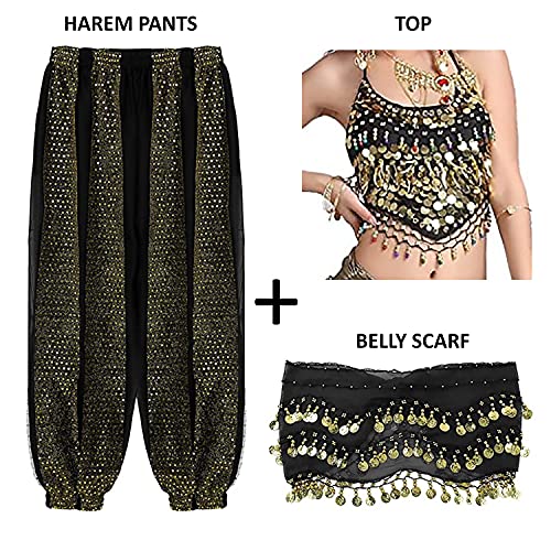 VRITRAZ Women’s Belly Dance Belt with Coins | Shimmering Hip Scarf for Dance, Stage Performance, Practice & Costume – Lightweight Chiffon Waist Wrap with Gold Sequins - Image 2