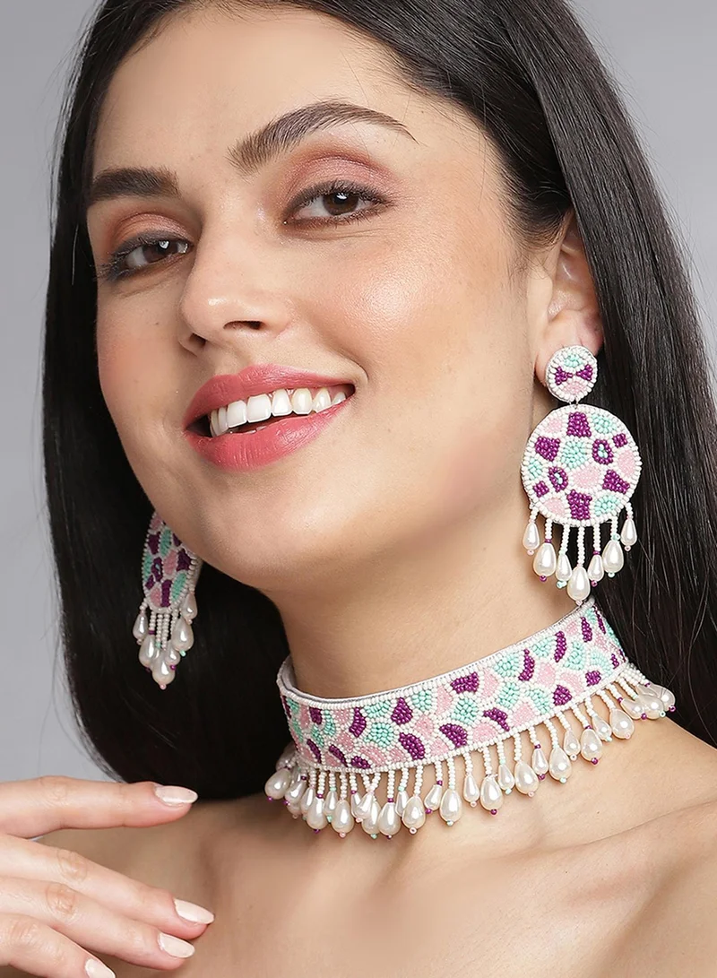 سوهي طقم مجوهرات صناعية مرصع بالخرز أبيض وأزرق