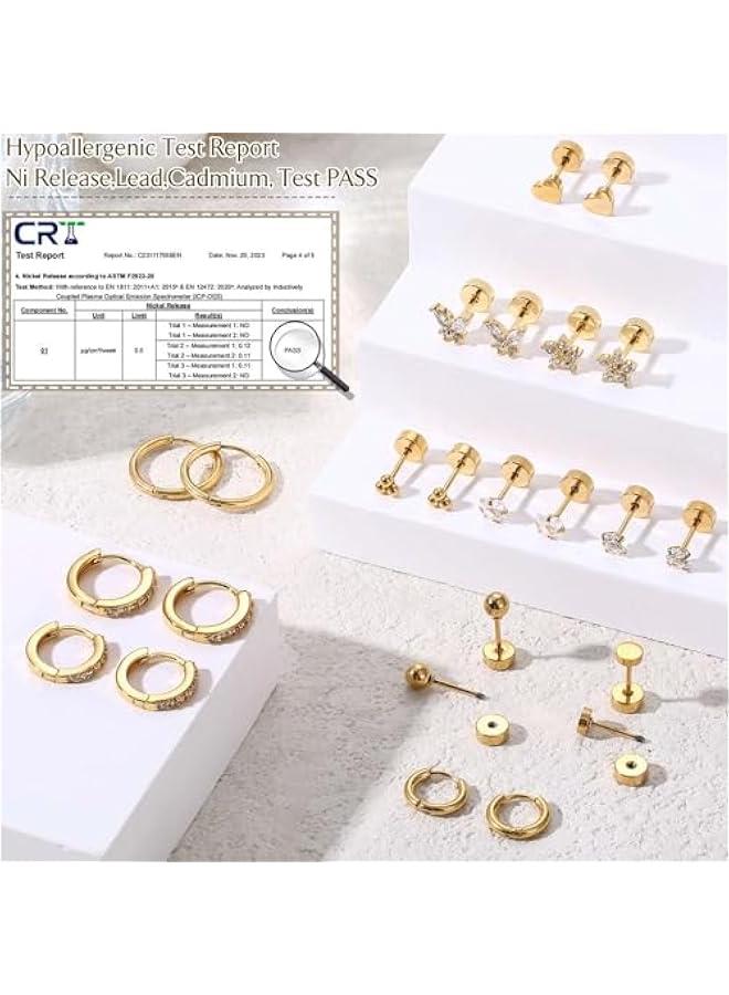 Hypoallergenic Surgical Steel Earrings for Sensitive Ears 14K Gold Flat Back Earrings for Women Men Small Stainless Steel Earrings Flatback Stud Hoop Cartilage Earring Set for Multiple Piercing - Image 3