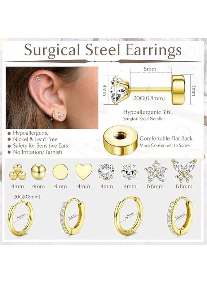 Hypoallergenic Surgical Steel Earrings for Sensitive Ears 14K Gold Flat Back Earrings for Women Men Small Stainless Steel Earrings Flatback Stud Hoop Cartilage Earring Set for Multiple Piercing - Image 5