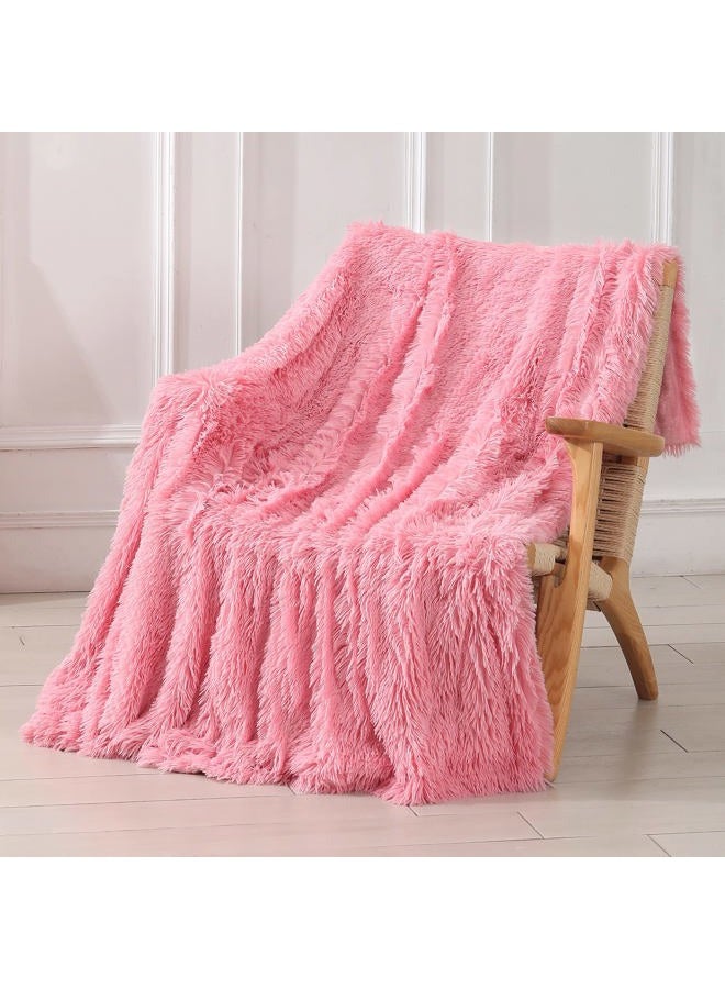 Tuddrom Decorative Extra Soft Faux Fur Throw Blanket 50"x60",Solid Reversible Fuzzy Double Layers Long Hair Shaggy Blanket,Fluffy Cozy Plush Fleece Comfy Microfiber Blanket for Couch Sofa Bed,Pink - Image 1