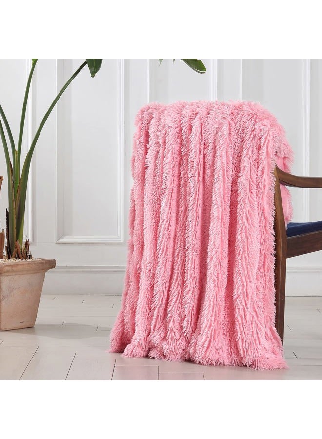 Tuddrom Decorative Extra Soft Faux Fur Throw Blanket 50"x60",Solid Reversible Fuzzy Double Layers Long Hair Shaggy Blanket,Fluffy Cozy Plush Fleece Comfy Microfiber Blanket for Couch Sofa Bed,Pink - Image 5