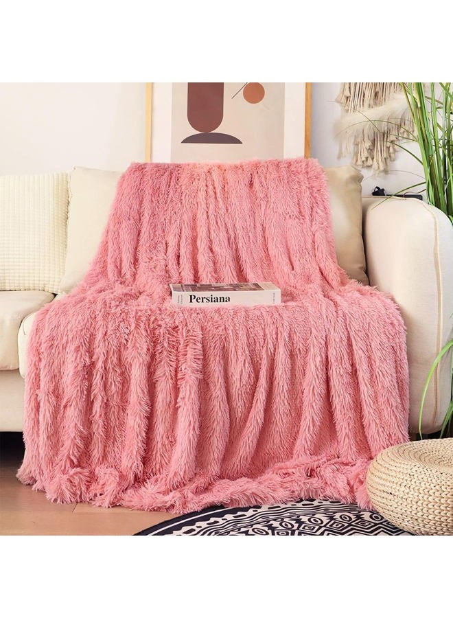 Tuddrom Decorative Extra Soft Faux Fur Throw Blanket 50"x60",Solid Reversible Fuzzy Double Layers Long Hair Shaggy Blanket,Fluffy Cozy Plush Fleece Comfy Microfiber Blanket for Couch Sofa Bed,Pink - Image 2