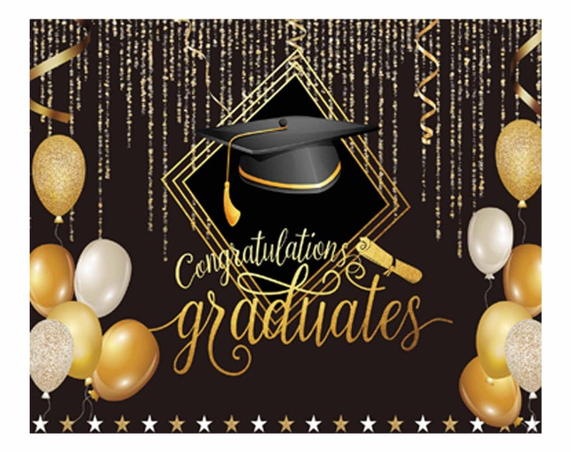 Funnytree 118 x 95 2024 Class Graduation Photography Backdrop Black and Gold Bachelor Cap Balloon Grad Congrats Party Banner Background for Picture Photo Photobooth Decoration