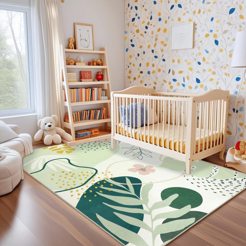 Capslpad Area Rugs 5x7, Washable Nursery Rug, Low Pile Soft Non-Shedding Playroom Carpet, Botanical Print Green Rugs for Bedroom, Classroom, Living Room - Image 1