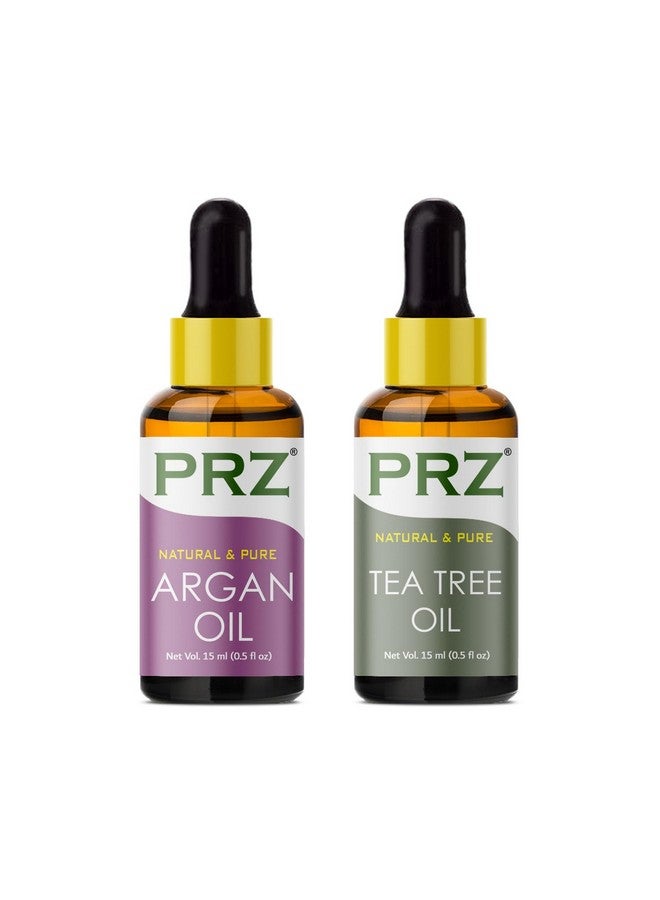 بي ار زد مزيج من زيت الأرجان المغربي المعصور على البارد وزيت شجرة الشاي العطري، زيت طبيعي نقي 100% وذو درجة علاجية للعلاج بالروائح وتدليك الجسم والعناية بالبشرة ونمو الشعر (15 مل لكل منهما) - Image 1