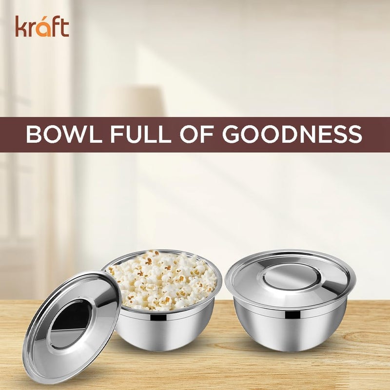 Kraft Stainless Steel Serving Bowl with Lid Set of 2 pcs - 18cm | Mixing Steel Big Bowl | Salad, Fruit, Desert, katori Set | Matt Finish, Food Grade | 2 Year Warranty - Silver - Image 3
